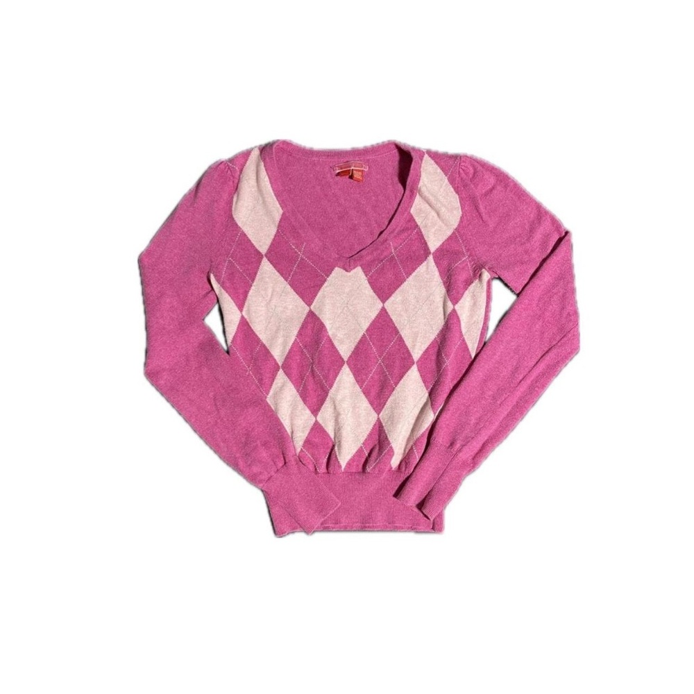 V Neck Plaid Pink And White Sweater